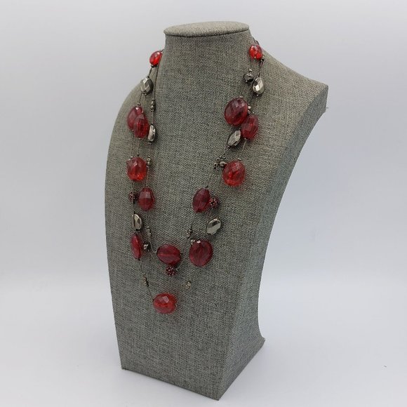 NY New York Red Faceted Beads Silver Toned Beads and Chain Multi Strand 20" + 4" - Picture 2 of 8